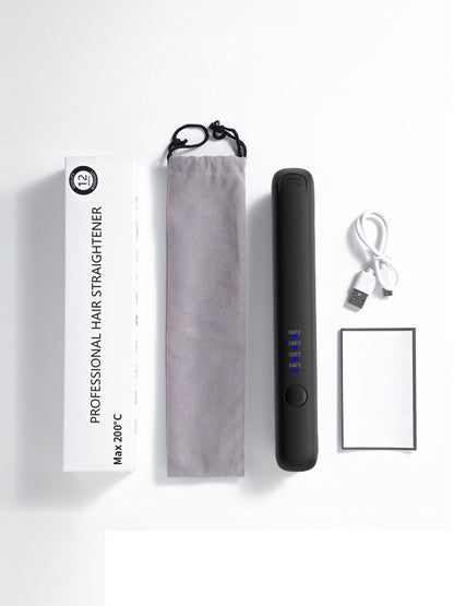 Black cordless rechargeable hair straightener by Trendsi, compact and lightweight for easy styling on the go.