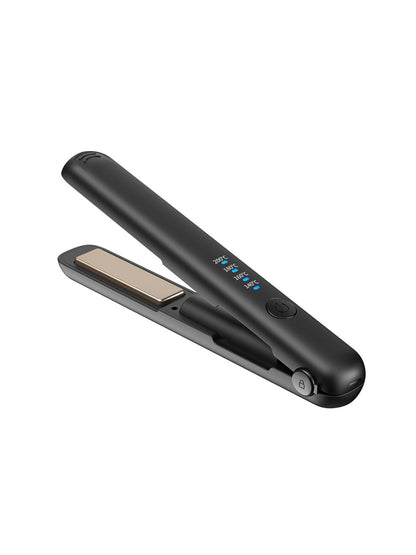 Black cordless rechargeable hair straightener from Trendsi, compact and portable styling tool with ceramic plates.