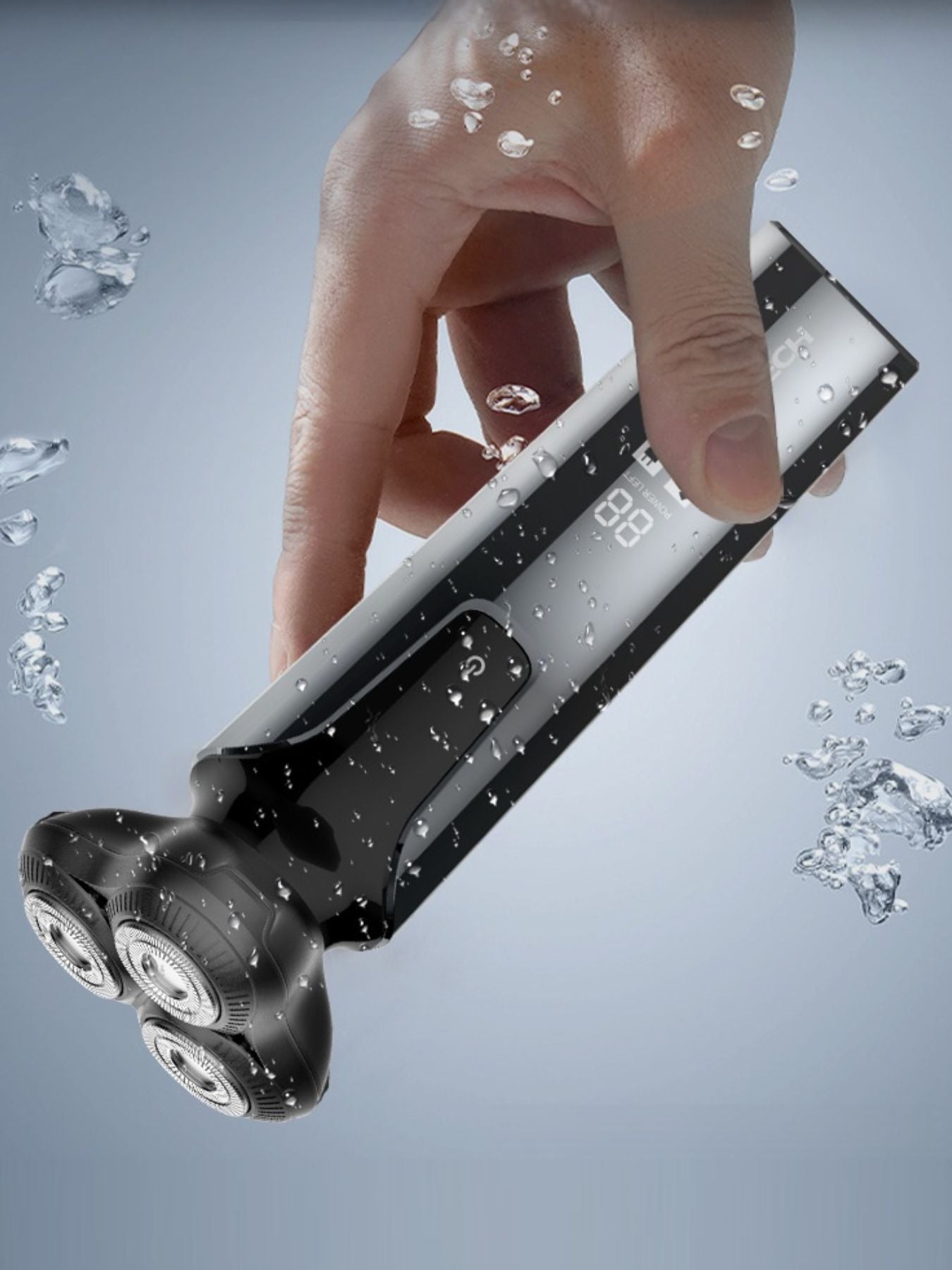 Black Trendsi electric rotary shaver with three rotary heads and ergonomic handle, designed for a close, comfortable shave.