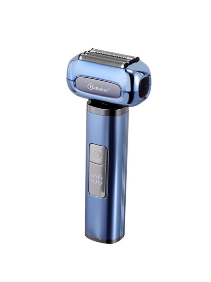 Black electric shaver with LED display, Trendsi brand, showing close-up of the shaver's sleek design and control panel.