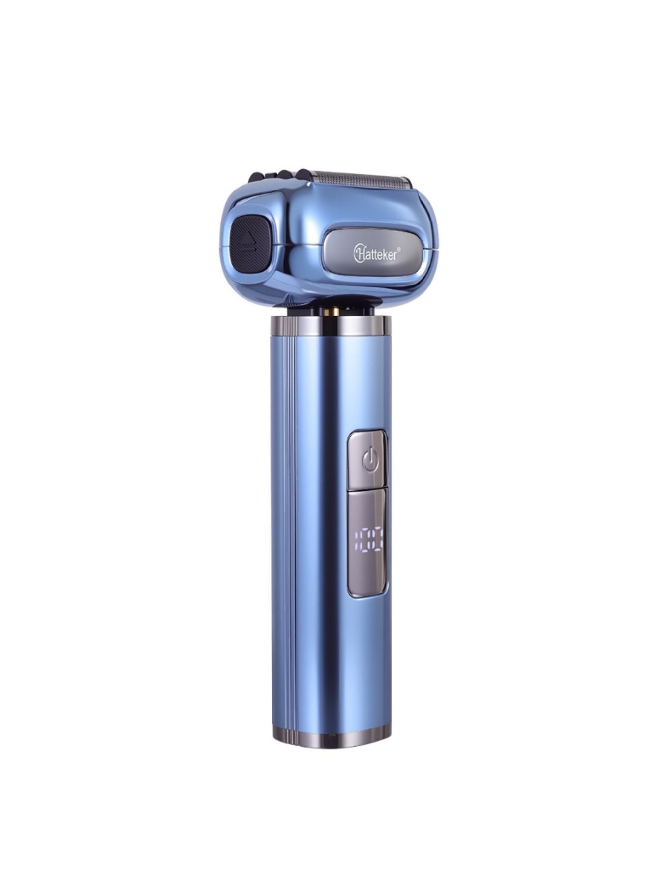 Black electric shaver with LED display by Trendsi, showing close-up of shaver head and sleek design.