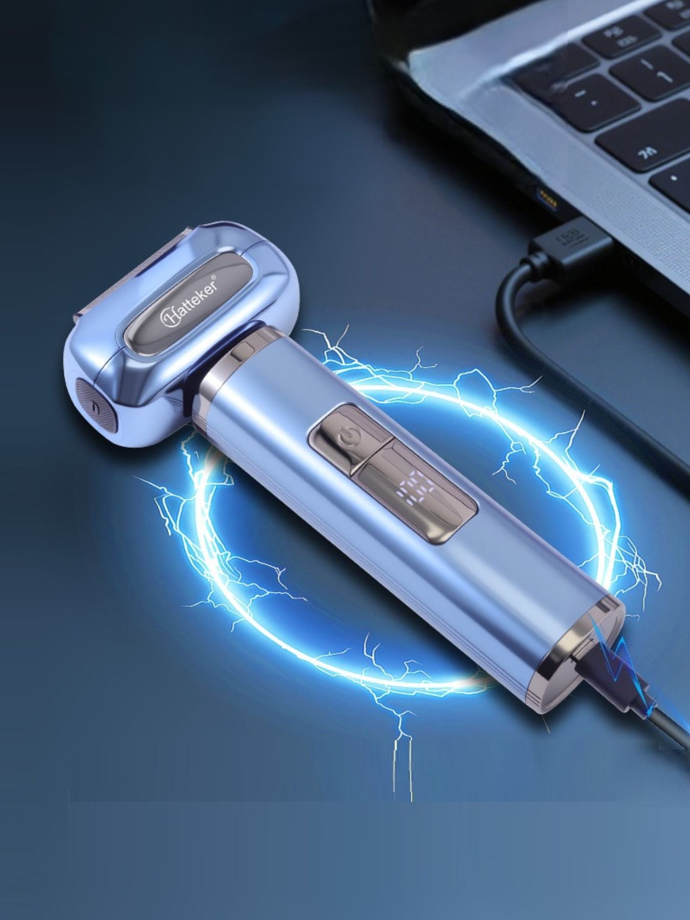 Black Trendsi electric shaver with LED display, showing close-up of shaver head and sleek design.