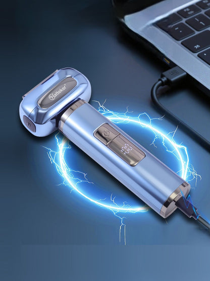 Black Trendsi electric shaver with LED display, showing close-up of shaver head and sleek design.