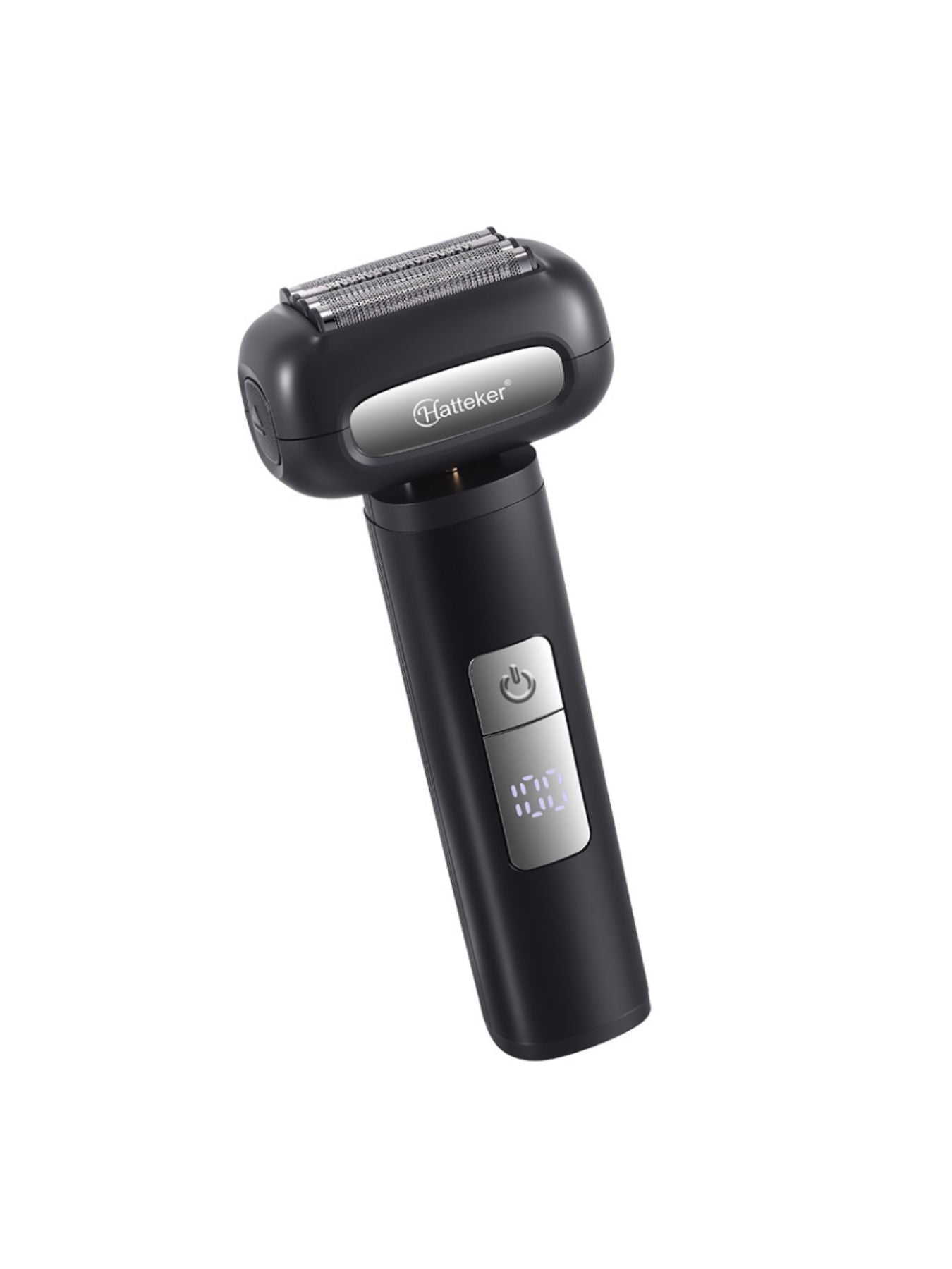 Black Trendsi electric shaver with LED display showing battery level and grooming settings, compact and ergonomic design.