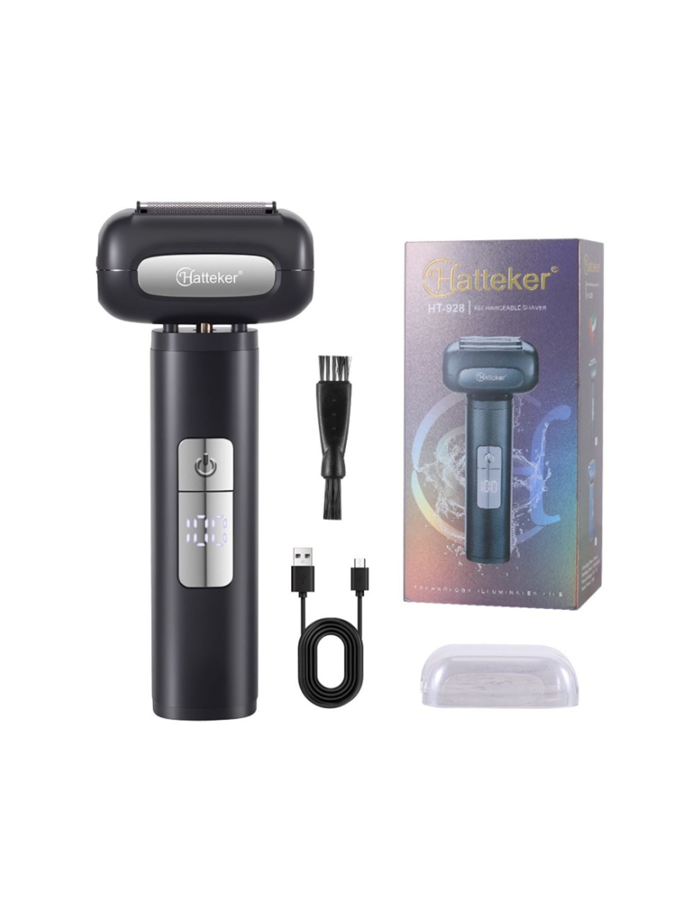 Black electric shaver with LED display by Trendsi, showing close-up of the shaver's head and sleek design.