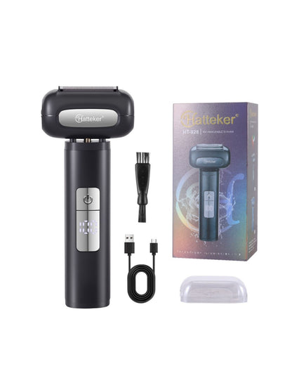 Black electric shaver with LED display by Trendsi, showing close-up of the shaver's head and sleek design.
