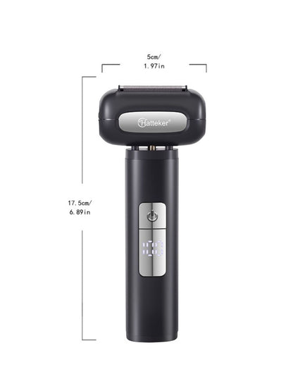 Black electric shaver with LED display and ergonomic design, from Trendsi, showing close-up of shaving head and control panel.