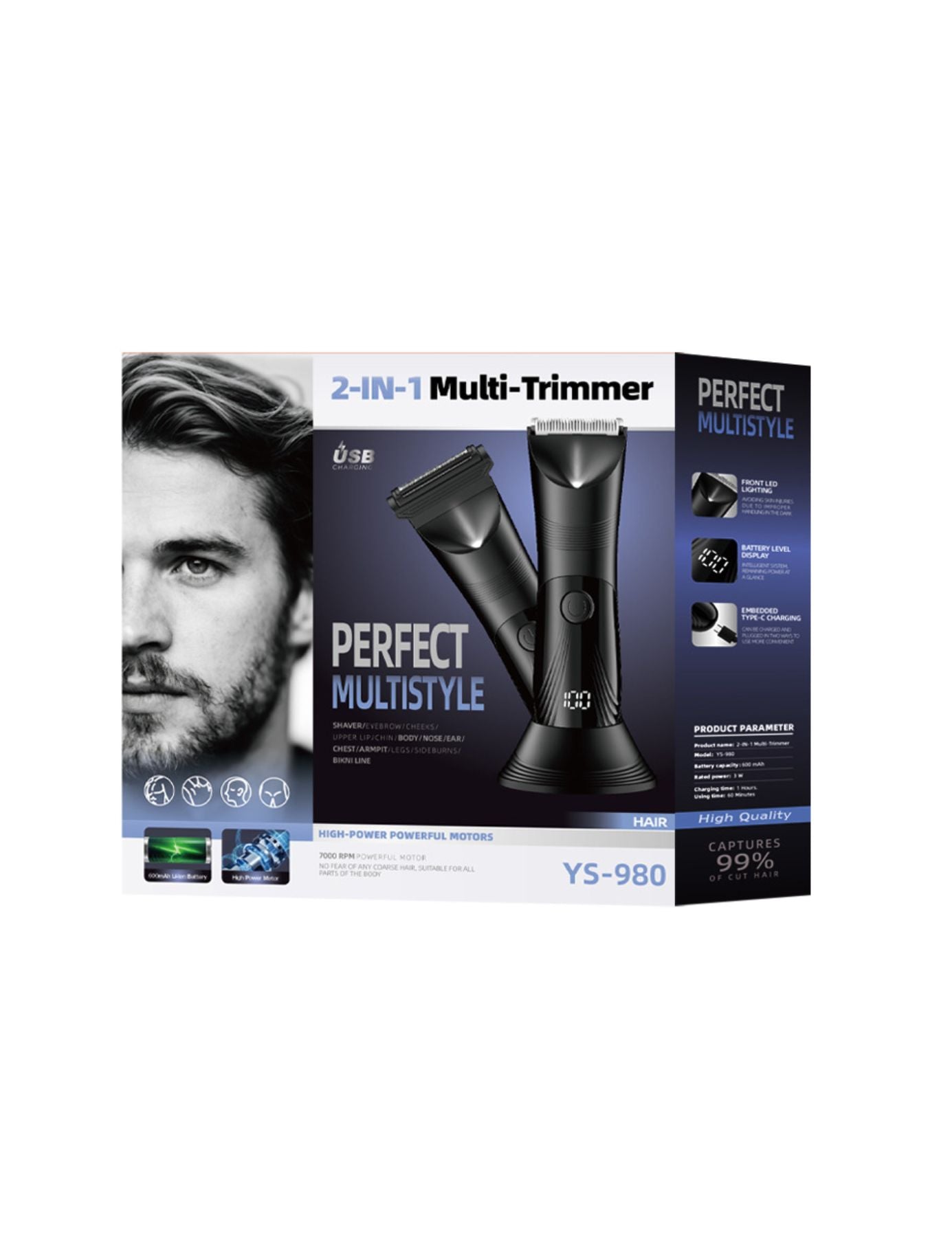 Black electric hair removal epilator by Trendsi, showing a compact device with multiple treatment heads for painless hair removal.