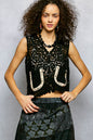 Black Trendsi cropped crochet vest with button-down front and scalloped edge, styled for a casual layered look.