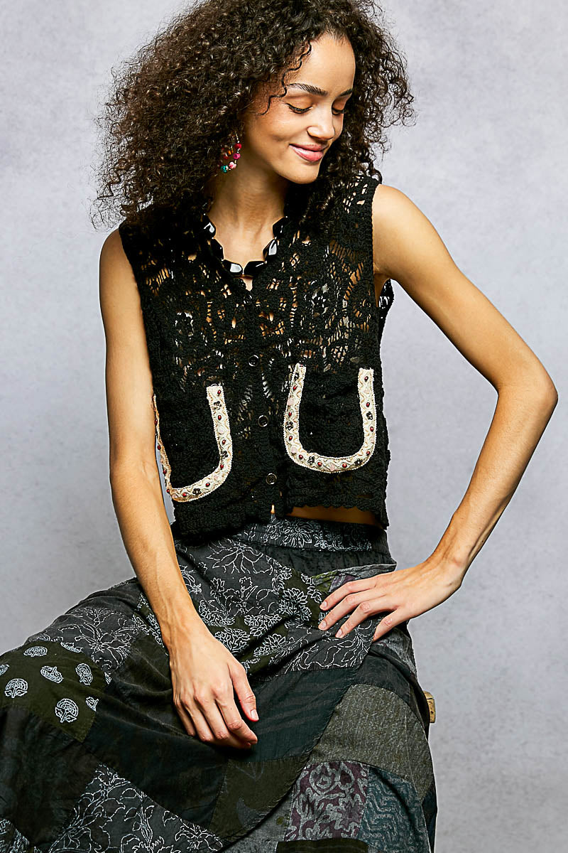 Black POL button-down cropped crochet vest with scalloped edge from Trendsi, featuring a stylish, lightweight design and intricate crochet detail.
