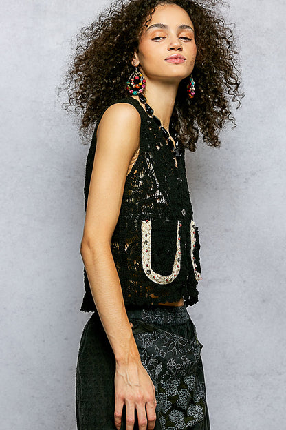 Black POL button-down cropped crochet vest with scalloped edge, trendy fashion piece by Trendsi.