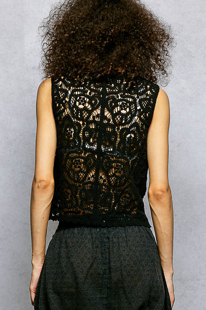 Black POL button-down cropped crochet vest with scalloped edge, trendy and stylish from Trendsi, shown on a neutral background.