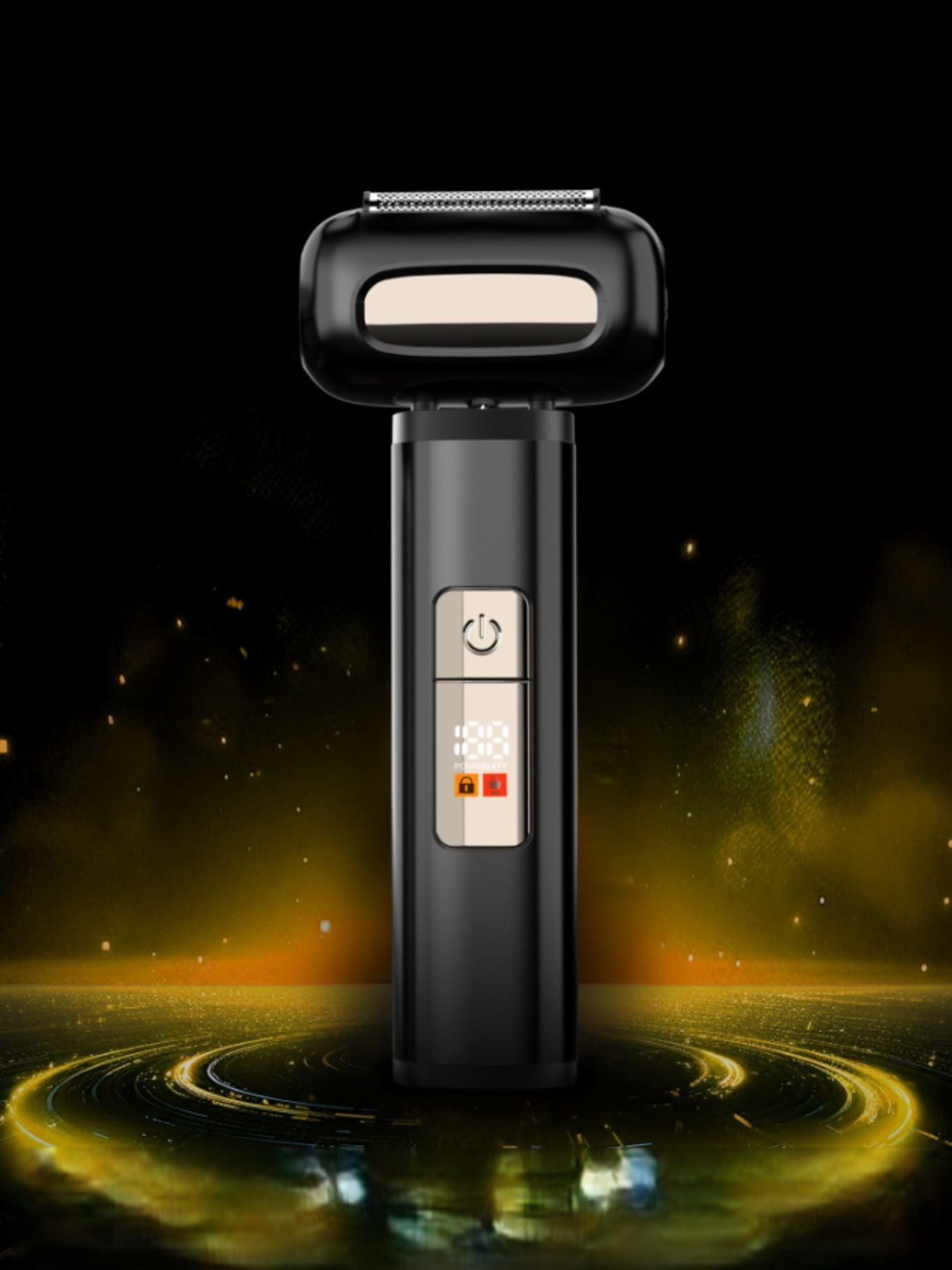 Black rechargeable electric foil shaver with digital display from Trendsi, featuring a sleek design and one-size fit.