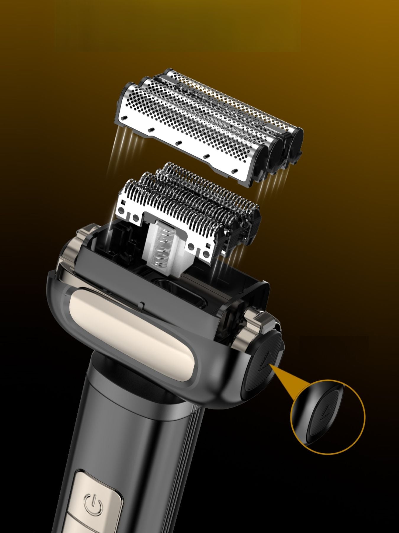 Black rechargeable electric foil shaver with digital display, Trendsi brand, showing close-up of shaving foil and control panel.