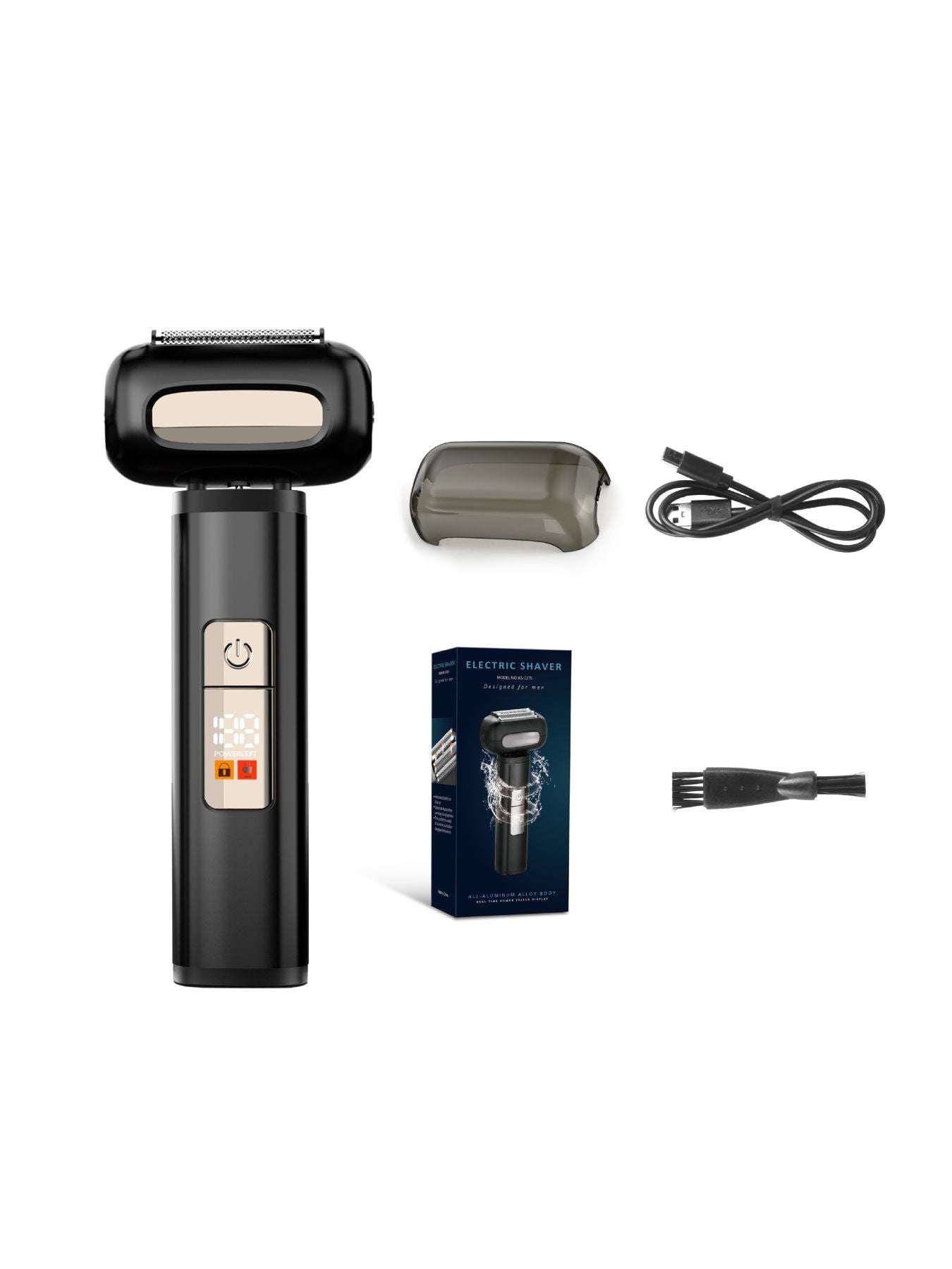 Black rechargeable electric foil shaver with digital display by Trendsi, showing close-up of the shaver's head and digital screen.