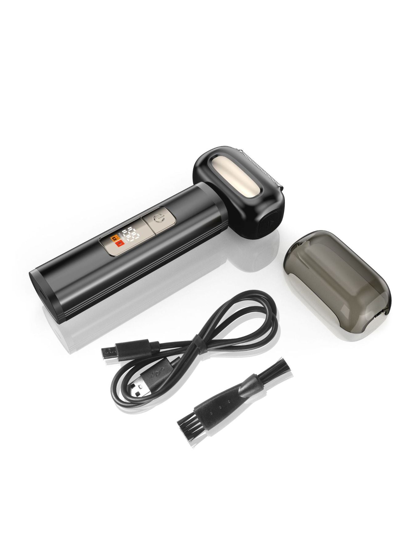 Black rechargeable electric foil shaver with digital display, Trendsi brand, featuring a sleek design and one-size fit for men.