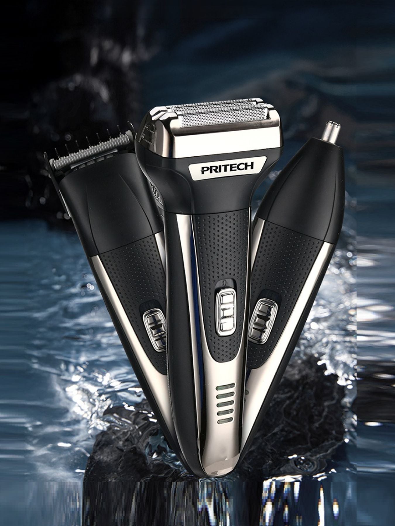 Trendsi black 3-in-1 multifunctional electric shaver with detachable attachments for versatile grooming and shaving.
