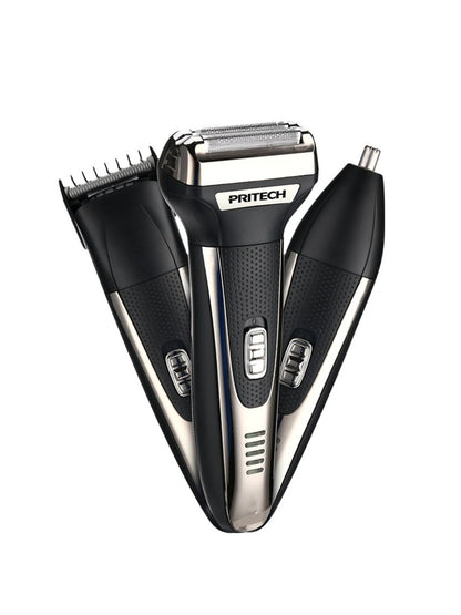 Black 3-in-1 multifunctional electric shaver by Trendsi with interchangeable heads for grooming and shaving.