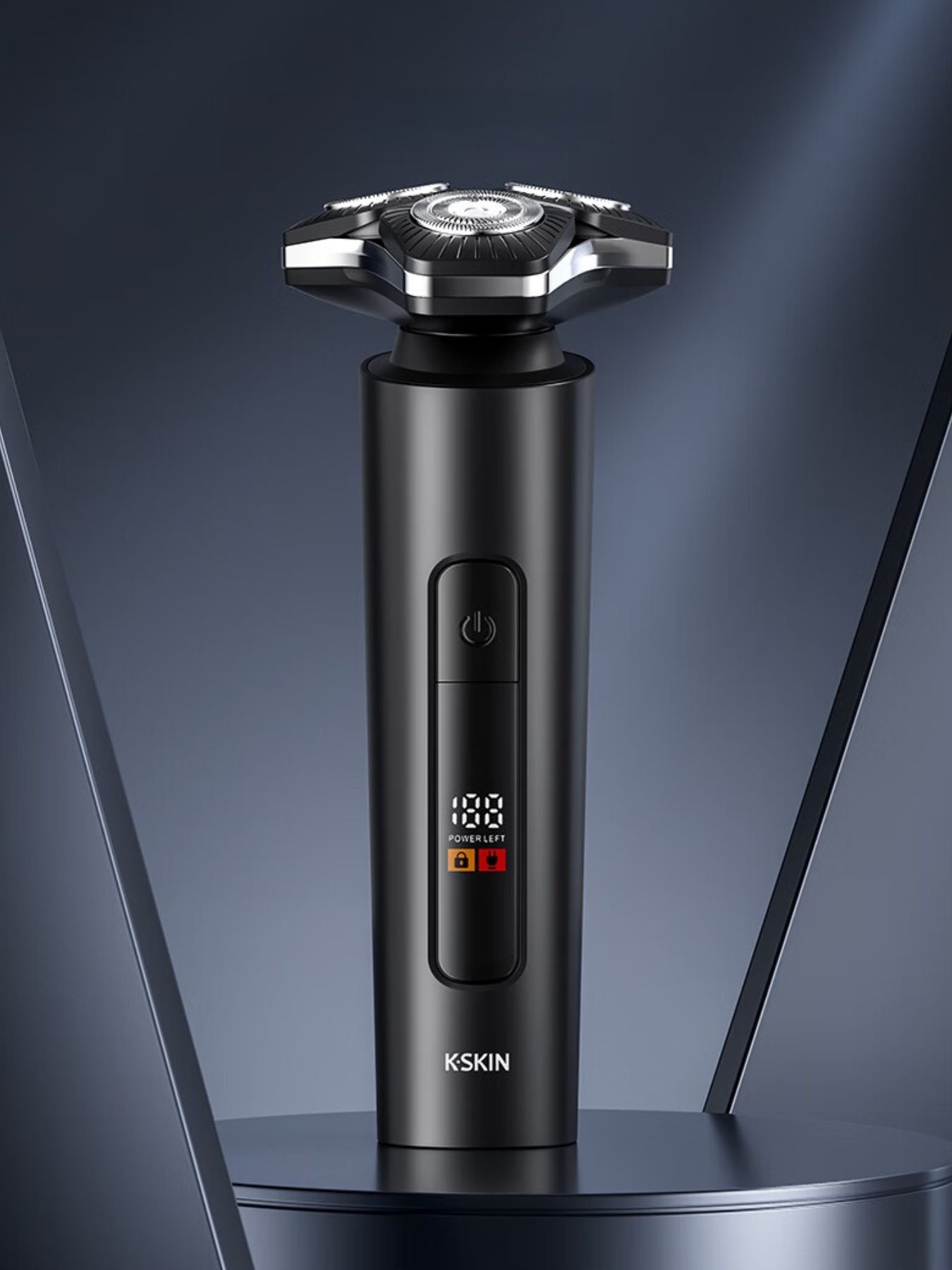 Black Trendsi 3D rotary electric shaver with LED display, showcasing multiple rotary blades and ergonomic design.