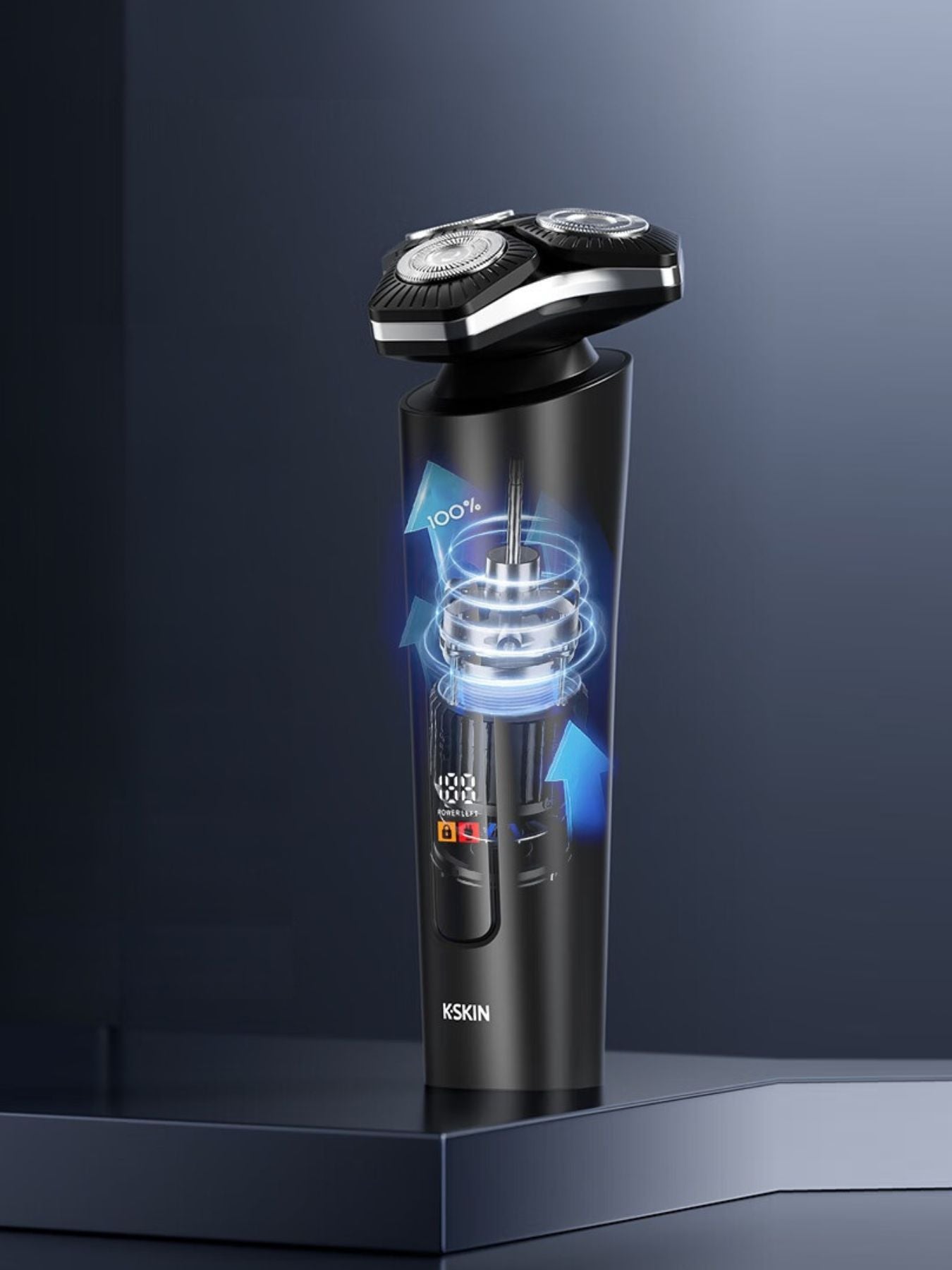 Black 3D rotary electric shaver with LED display, Trendsi brand, featuring multiple rotary blades and a sleek design.