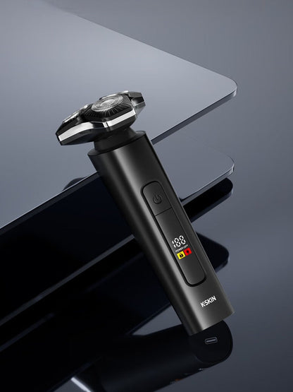 Black 3D rotary electric shaver with LED display showing battery level and settings, designed for smooth grooming.