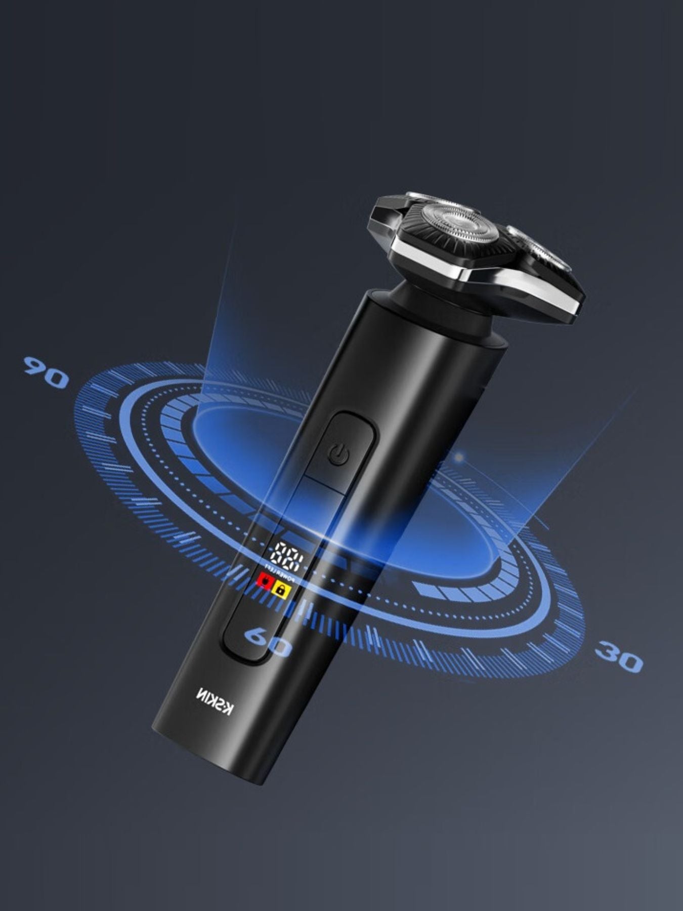 Black 3D rotary electric shaver with LED display from Trendsi, showcasing multiple shaving heads and modern design.