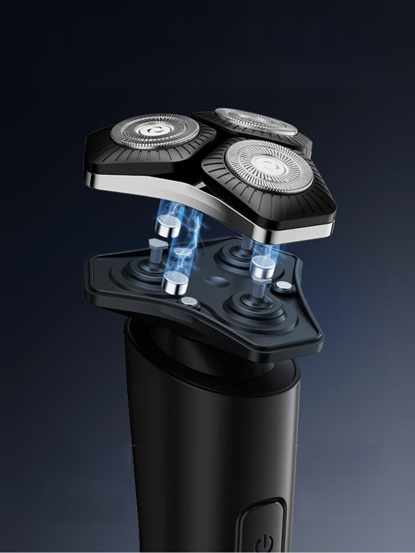 Black 3D rotary electric shaver with LED display from Trendsi, showing multiple shaving heads and control buttons.