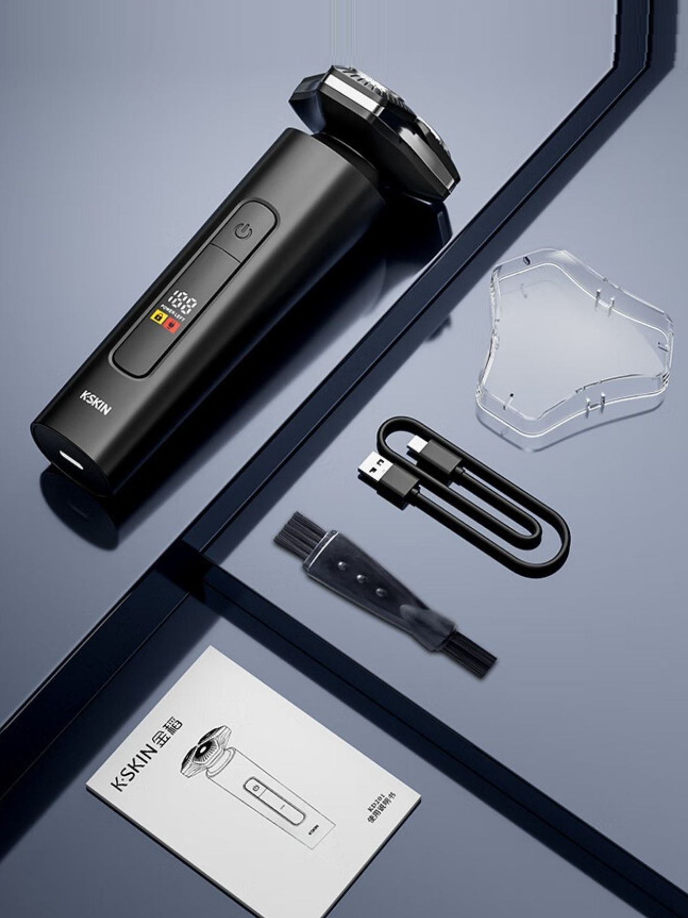 Black 3D rotary electric shaver with LED display, Trendsi brand, featuring multiple shaving heads and ergonomic design.