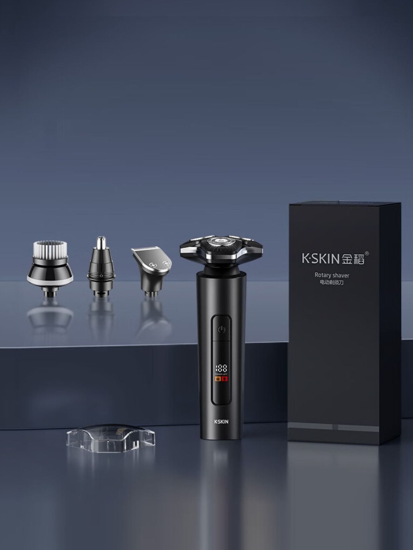 Black 3D rotary electric shaver with LED display from Trendsi, featuring multiple blade heads and ergonomic design.