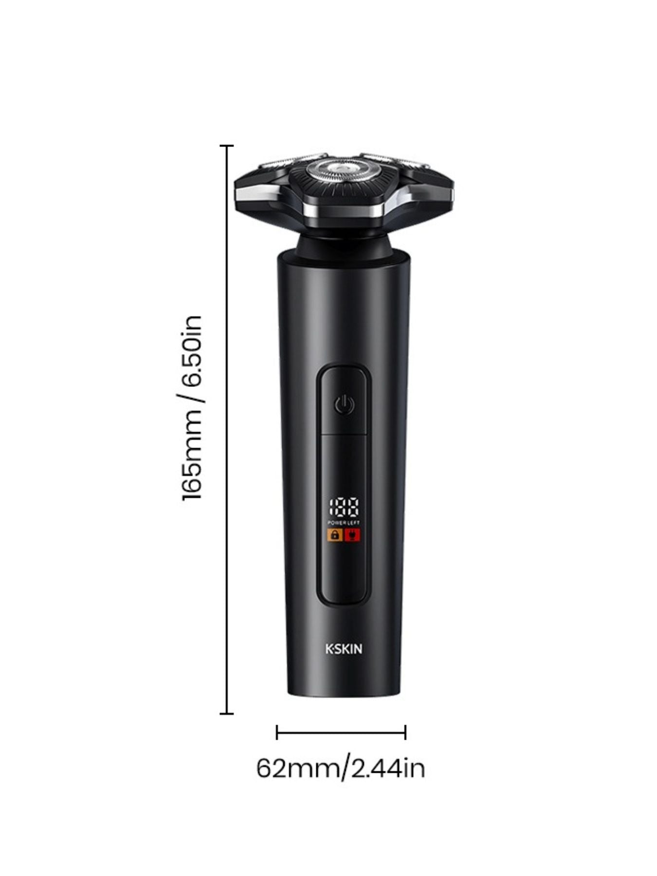 Black 3D rotary electric shaver with LED display, Trendsi brand, showing close-up of shaving head and control panel.