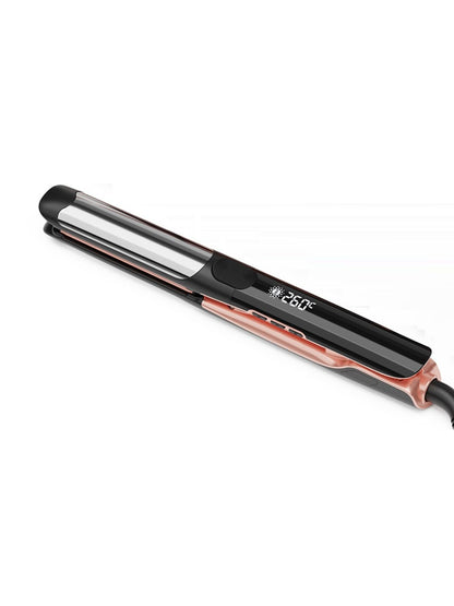 Black adjustable temperature hair straightener by Trendsi with ergonomic design and digital controls for versatile styling.