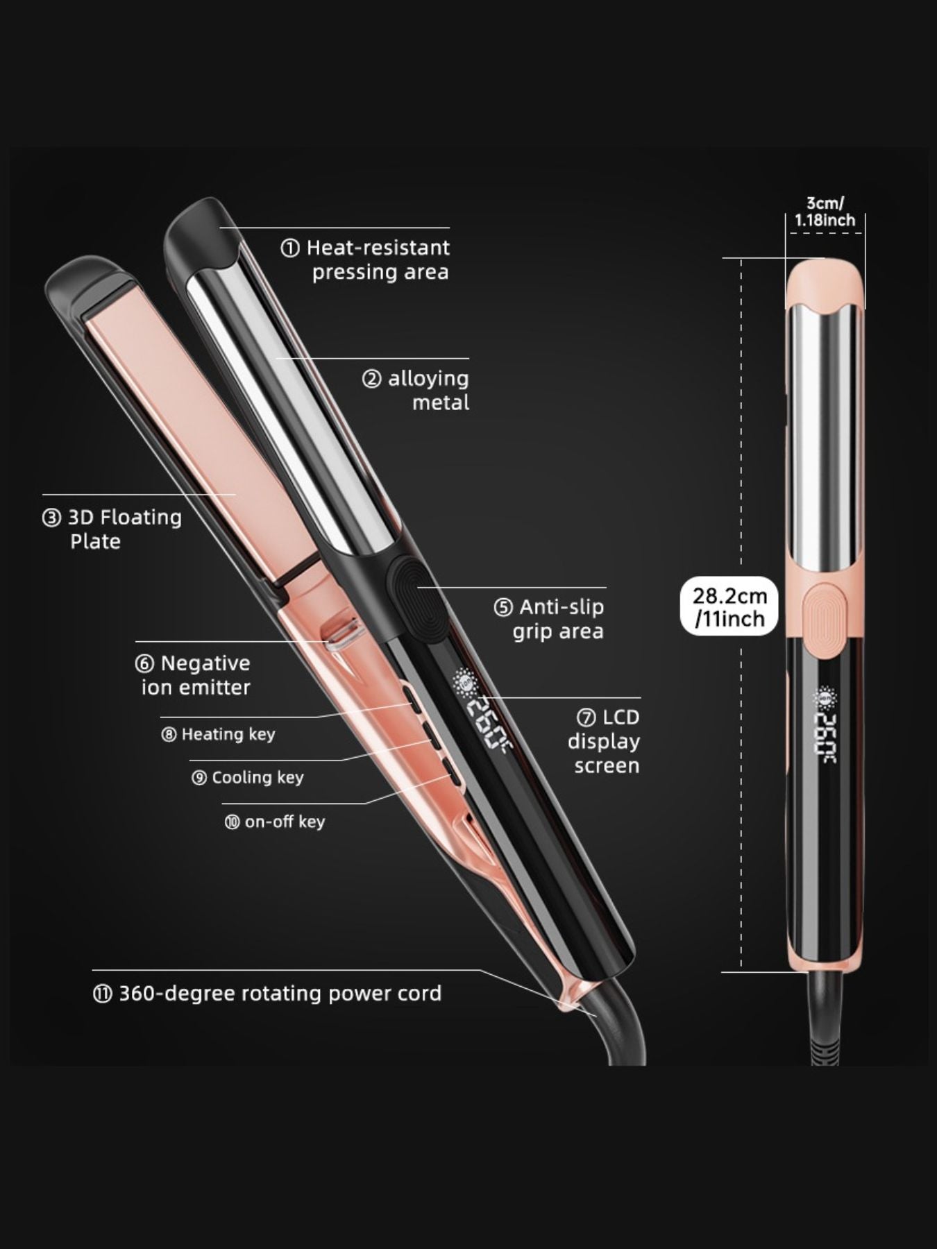 Black adjustable temperature hair straightener from Trendsi with a sleek design and digital temperature control.