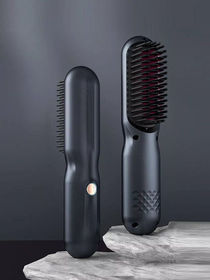 Black adjustable temperature hair straightening comb by Trendsi, with wide teeth for smooth, sleek styling and easy temperature control.