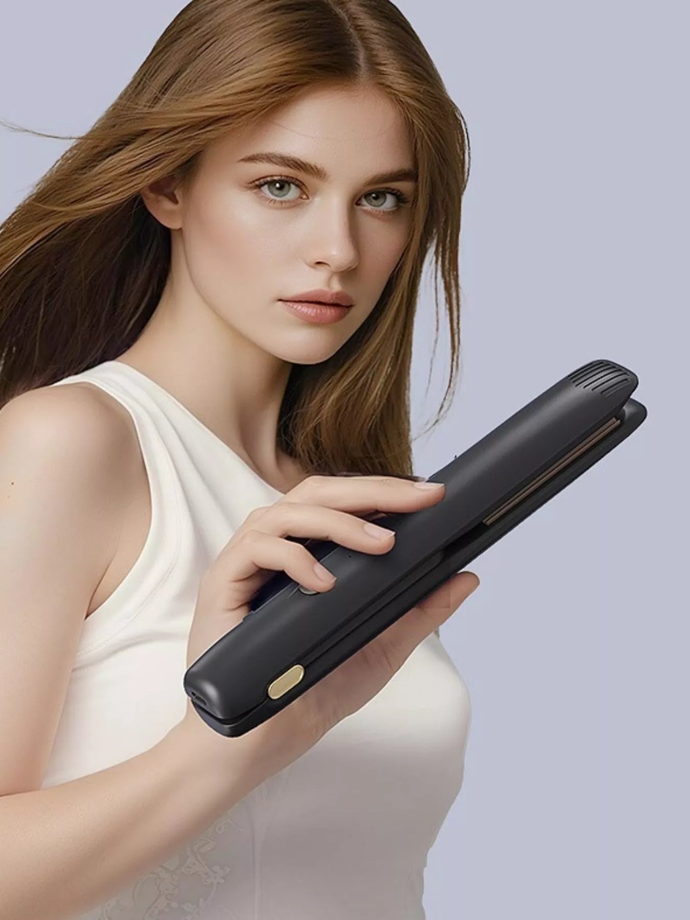 Black adjustable temperature hair straightener by Trendsi with ergonomic design and control buttons for versatile styling.