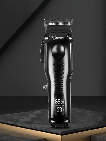 Black Trendsi cordless hair clipper with ergonomic design, showing close-up of blades and adjustable settings.