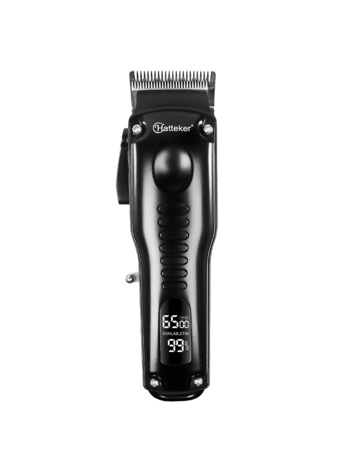 Black Trendsi cordless hair clipper with ergonomic design, shown with detachable blades and adjustable settings.