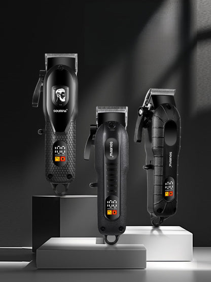 Black cordless hair clipper with LED display from Trendsi, showing adjustable blades and ergonomic design for easy grooming.