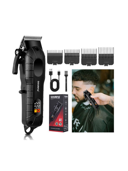 Black cordless hair clipper with LED display from Trendsi, showcasing adjustable blades and ergonomic design for easy grooming.