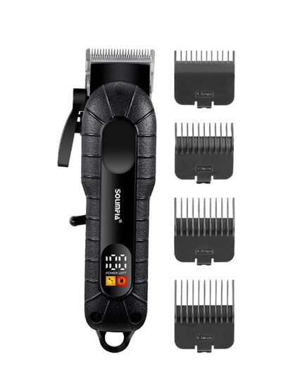 Black cordless hair clipper with LED display from Trendsi, showing adjustable blades and ergonomic design for easy grooming.