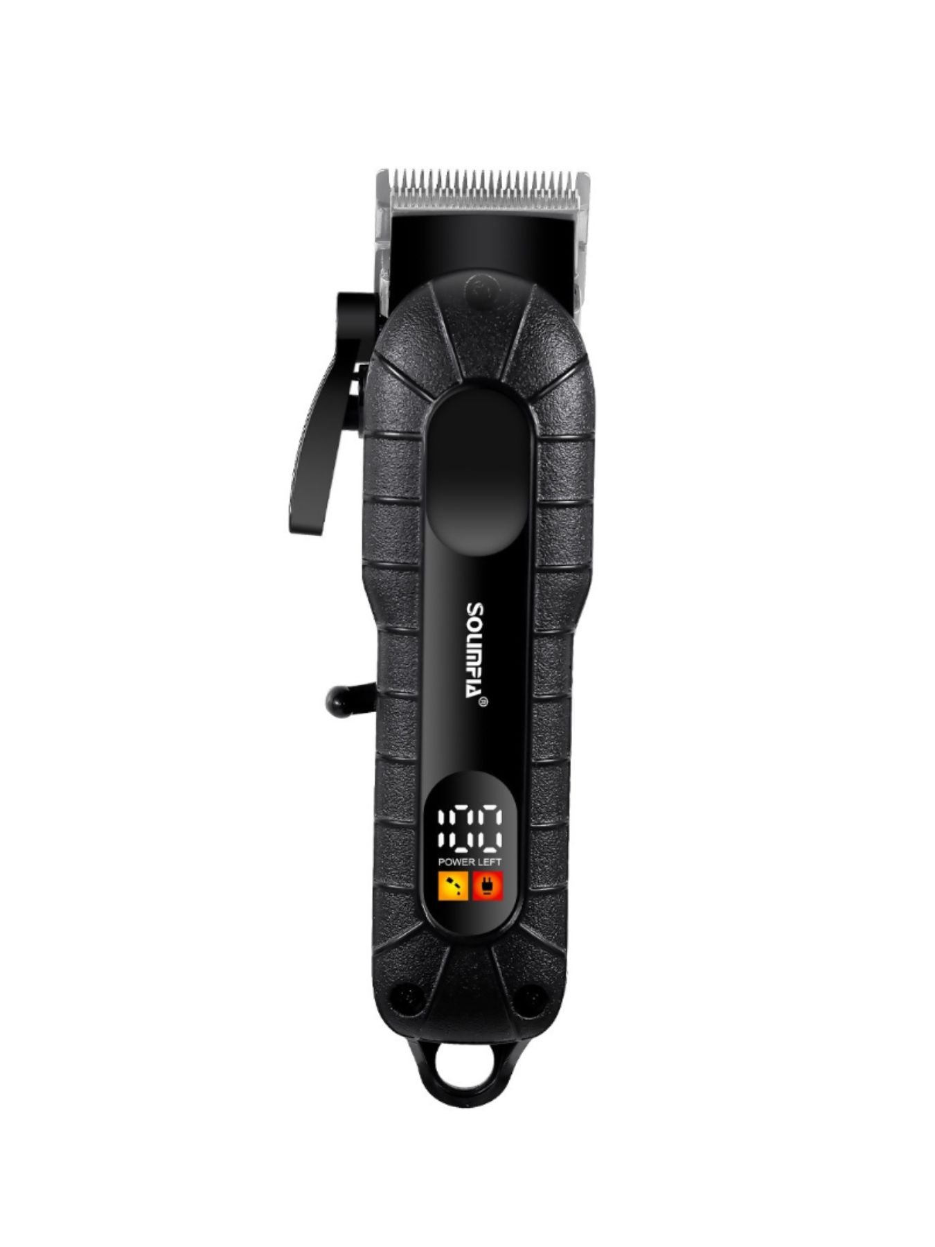 Black cordless hair clipper with LED display, Trendsi brand, featuring adjustable blades and ergonomic design for easy hair trimming.