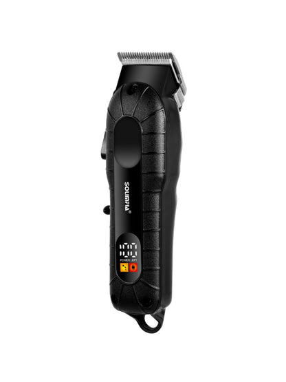 Black cordless hair clipper with LED display and ergonomic design, ideal for precise hair trimming and styling.