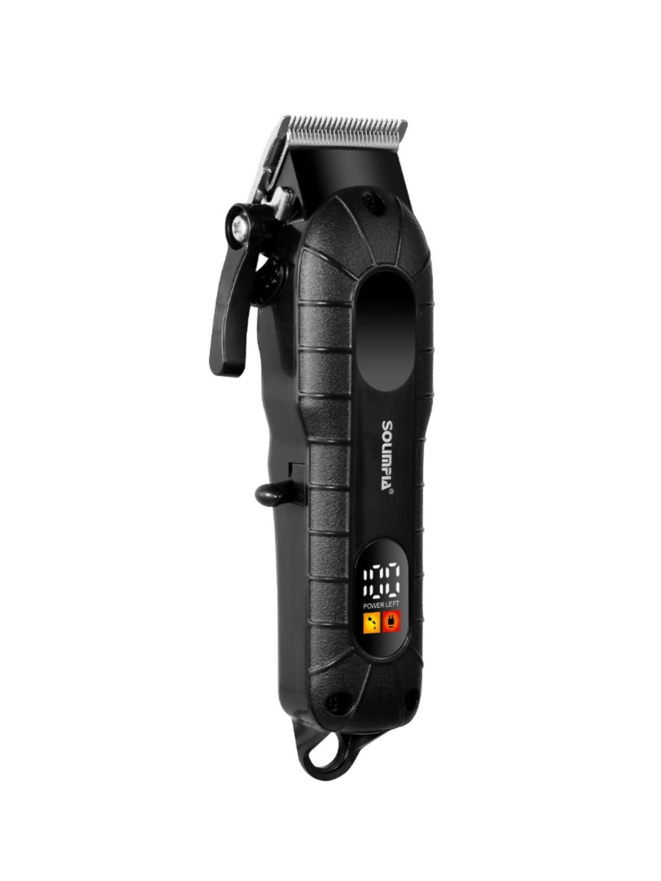 Black cordless hair clipper by Trendsi with LED display, showing adjustable blades and ergonomic design for easy hair trimming.