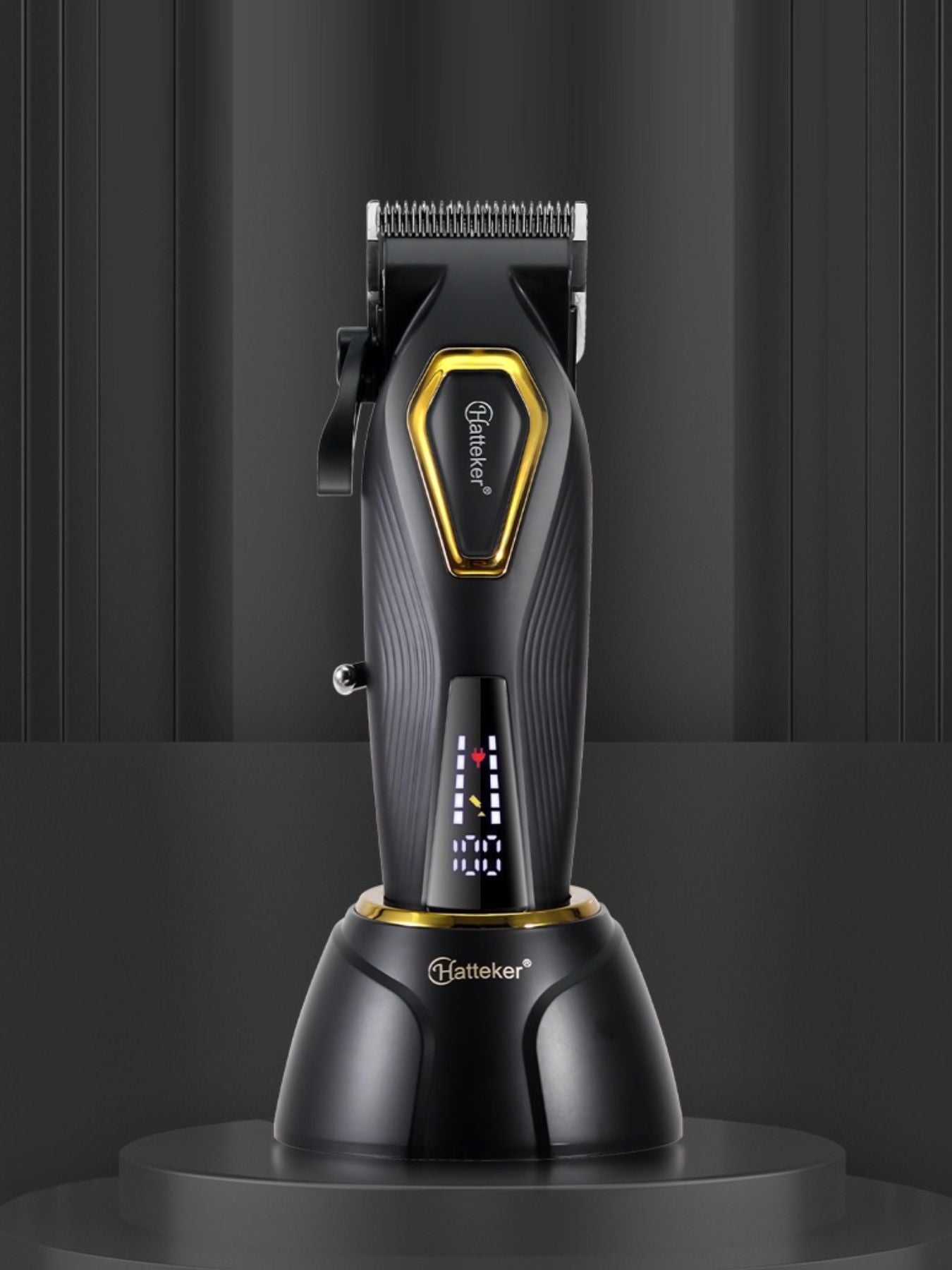 Black cordless hair clipper with LED display from Trendsi, featuring a sleek design and adjustable blade settings.