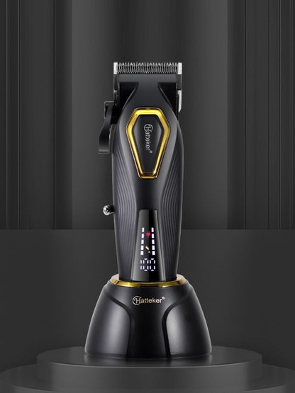 Black cordless hair clipper with LED display from Trendsi, featuring a sleek design and adjustable blade settings.