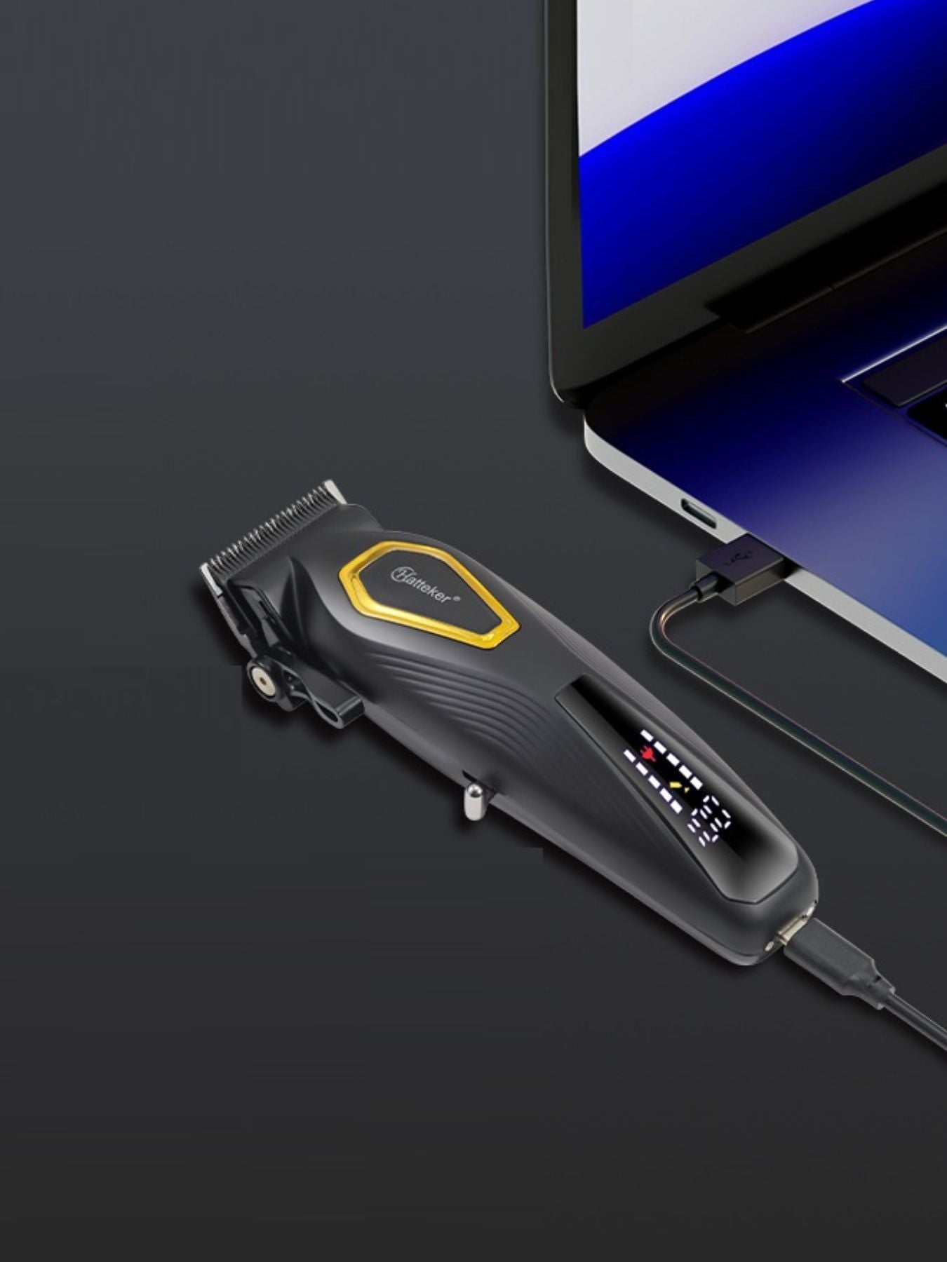 Black cordless hair clipper with LED display from Trendsi, showing adjustable blade settings and ergonomic design.