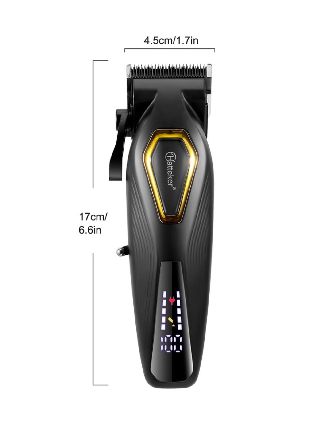Black cordless hair clipper with LED display from Trendsi, showing adjustable blades and ergonomic design.