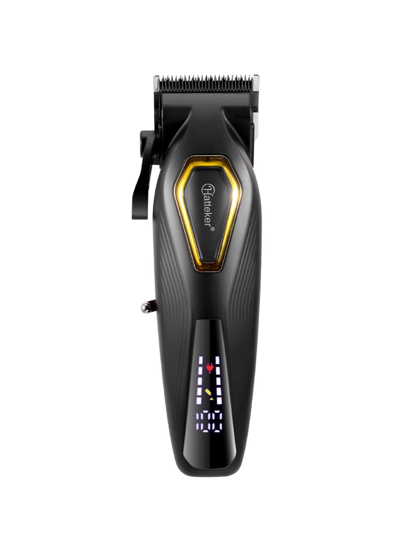 Black cordless hair clipper with LED display from Trendsi, showing adjustable blades and sleek ergonomic design.