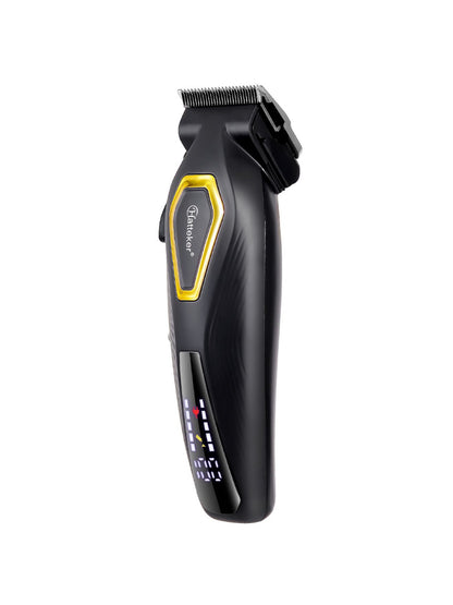 Black cordless hair clipper from Trendsi with LED display, featuring a sleek design and adjustable blades for easy hair trimming.