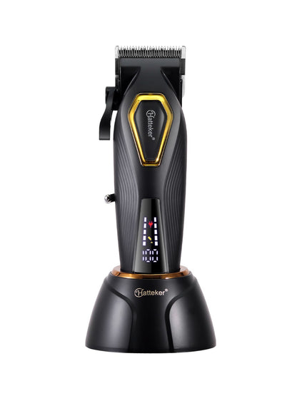 Black cordless hair clipper with LED display, Trendsi brand, showing adjustable blades and ergonomic design for easy grooming.