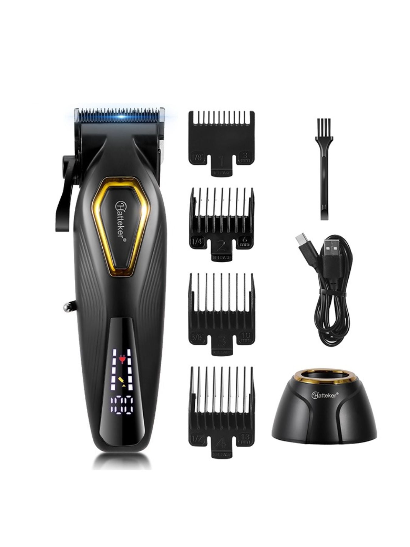 Black cordless hair clipper with LED display and ergonomic design, ideal for precise haircutting at home or salon.